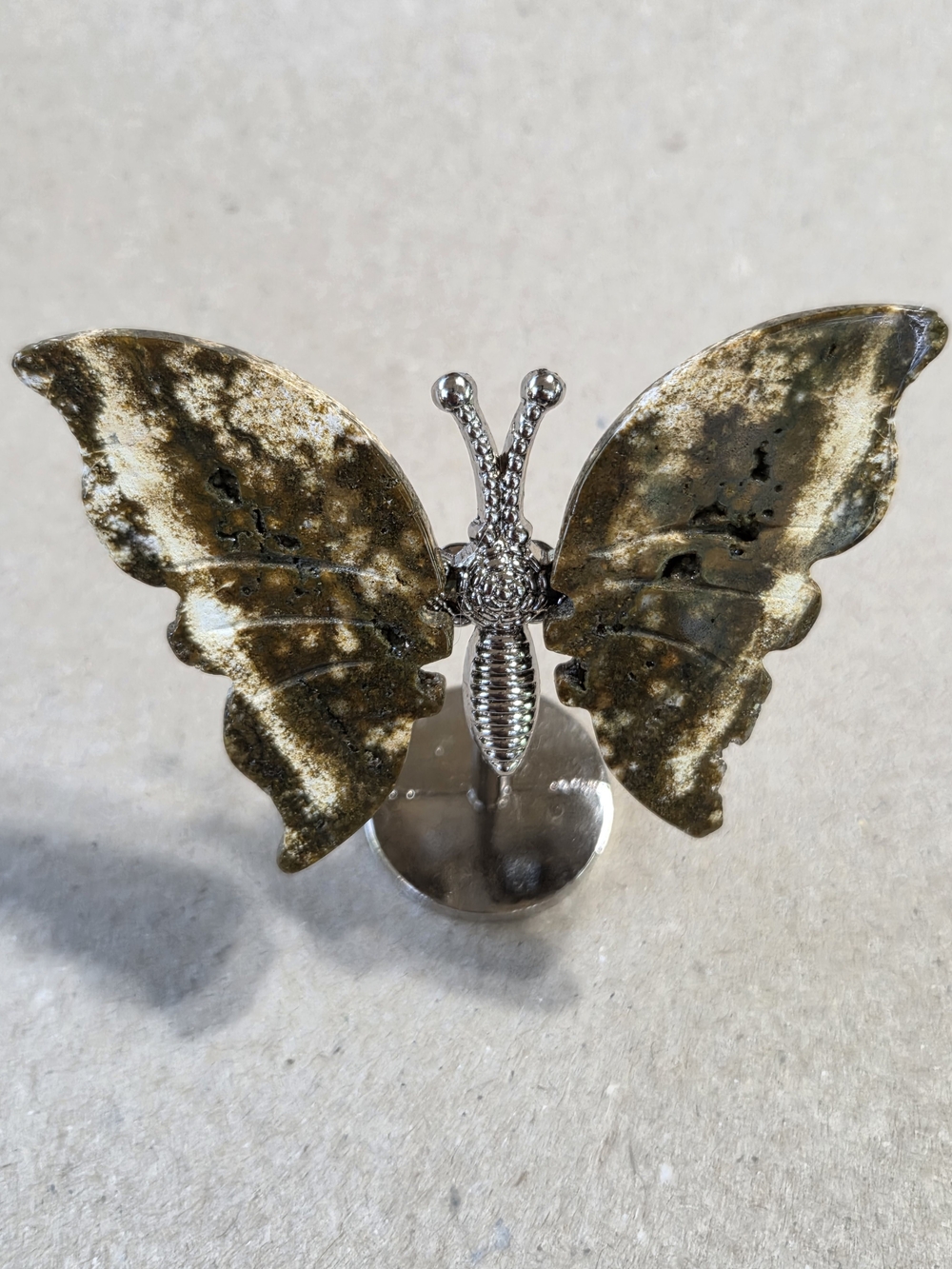 Unique 8th Vein Ocean Jasper Crystal Butterfly Wings On Metal Body Stand Decor
